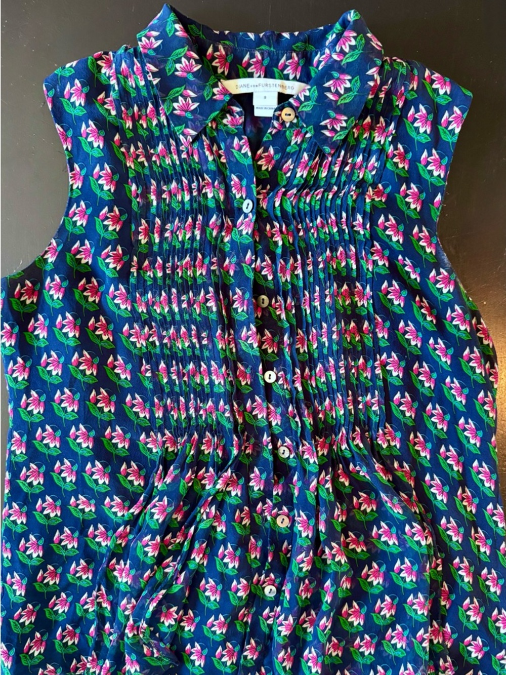 Diane Von Furstenberg Navy Floral Button-Front Top
